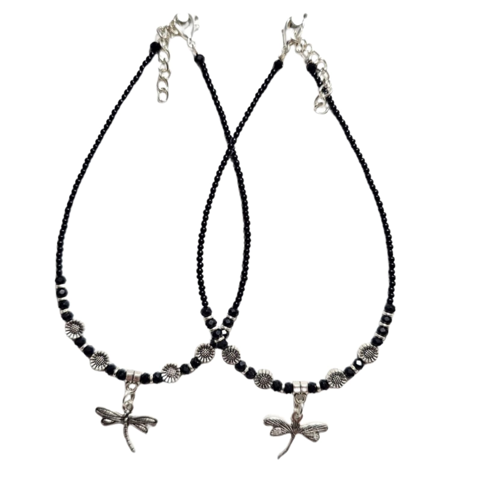 Black Beaded Dragonfly Charm Anklet Set of Two Adjustable Foot Jewelry for Women and Men Unisex Minimalist Leg Accessory with Secure Metal Lobster Clasp and Link Extension Chain-image-2
