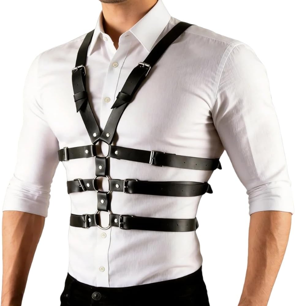 Men's Three-tier PU Leather Suspenders Adjustable Chest Harness Cage Strap