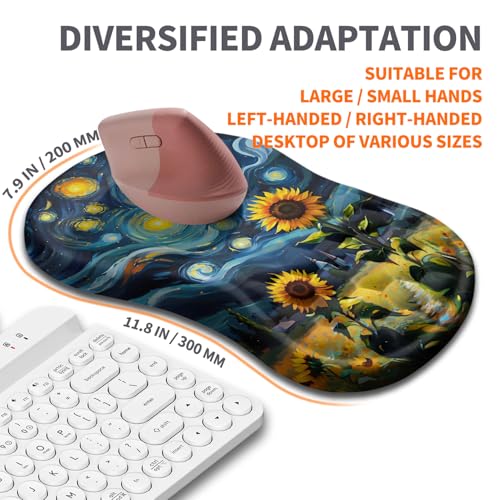 Image of Ergonomic Joint Wrist Support Mouse Pad with Memory Foam Cushion Massage Bump, Carpal Tunnel Pain Relief Mousepad Slope Design for Wrist Rest, 11.8x7.9 in, Sunflower