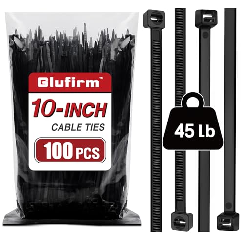 Zip Ties 10 inch (100 Pack), Black Cable Ties, 45lb Tensile Strength, Wire Ties, Glufirm