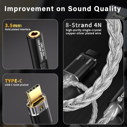 Image of Kinboofi USB C to 3.5mm Audio Adapter with Dual Chip Hi-Res 32bit /384KHz DAC& 24bit /96KHz ADC Dongle Cable Cord,USB C to Aux Dongle HiFi Headphone Jack Cable for More Type C Devices (Black, USBC)