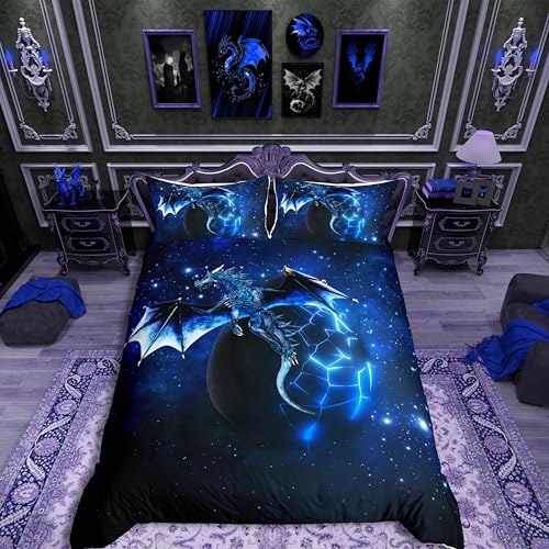 Loussiesd Galactic Dragon Parure de Lit Mode Espace extérieur étoile Ensemble de Literie Jungle Animaux Dragon Housse de Couette 220x240cm Garçons Enfants Adolescents Chambre à Coucher décoration