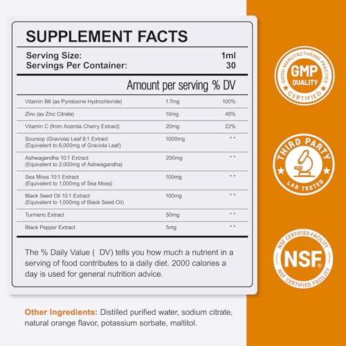 Image of 2 Pack | 8-in-1 Soursop Bitters Liquid Drops, Orange Flavor, 1 fl oz | Soursop Leaf Extract Drops, Sea Moss, Ashwagandha & Turmeric, Immune, Liver, Antioxidant Support, Alcohol-Free, Gluten Free