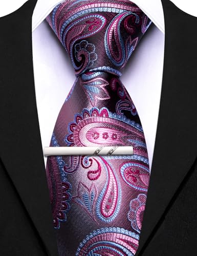 Image of Barry.Wang Paisley Tie for Men Silk Woven Necktie and Tie Clip Set Wedding Party Business Formal