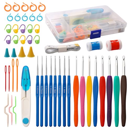Juego de 53 ganchos de ganchillo, agujas de tejer coloridas con asas ergonómicas de goma de agarre suave, kits de ganchillo para principiantes y adultos