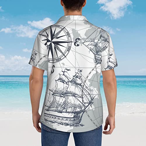 Mens Hawaiian Shirts Button Down Shirt Nautical Sailboat Map Grey Boat Sketch Ship Wheel Compass Anchor Beach Shirt4