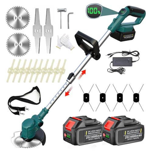Desbrozadora Bateria 21V, Desbrozadora Electrica con 2 baterías y 4 Cuchillas Cortabordes Bateria 4 en 1, Telescópica, Rotación 90° para Recortar Césped y Arbustos, Blue