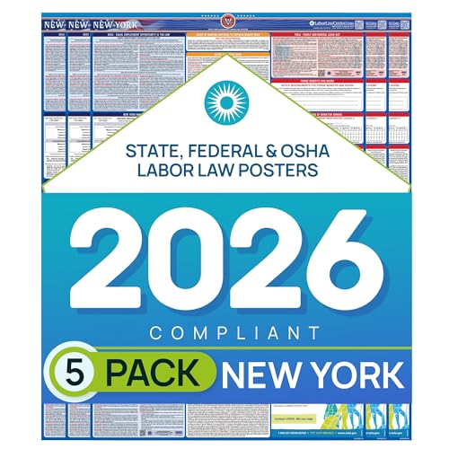Image of New York 2026 Labor Law Poster - State & Federal Compliance - OSHA, EEOC, FMLA, Minimum Wage - Durable, Laminated & Waterproof Workplace Employment Poster - Made in USA - 26 inch x 39.5 inch, 5-Pack