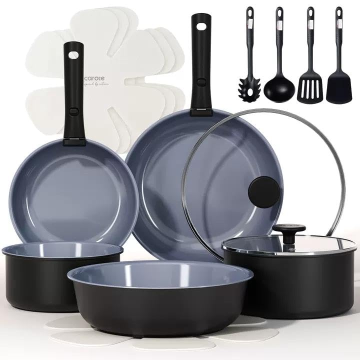 CAROTE 17PCS Ceramic Cookware Sets, Black and Gray, Pots and Pans Set Non Stick Non Toxic, Induction Cookware, Kitchen Cookware Sets, Pots Set for Healthy Cooking