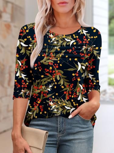KISSMODA Women's Casual 3/4 Sleeve T-Shirts Round Neck Cute Tunic Tops Basic/Pleated Summer Tops Trendy Spring Blouses