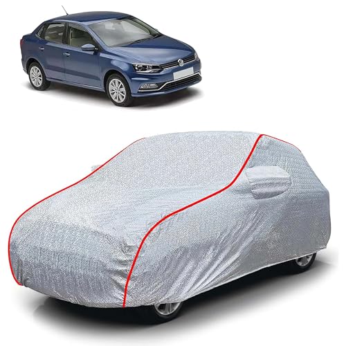 Image of Sulfar 100% Waterproof Car Body Cover Compatible with Mirror for Volkswagen Ameo (Triple Stitched, Full Bottom Elastic, Magic Silver with Red Piping)