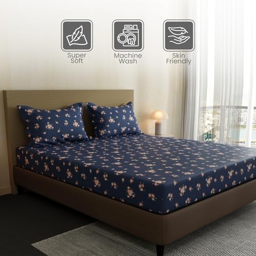 Image of Layers 100% Cotton Bedsheet for Double Size Bed | Lumina Floret Collection | 144 TC Soft & Breathable | Floral Print with 2 Pillow Covers | Wrinkle Free & Colorfast | 3 Piece Bedding Set - Blue