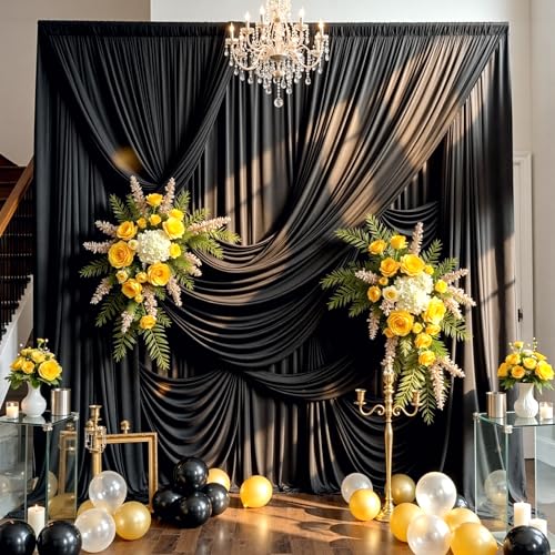 10ft×15ft Black Backdrop Curtain for Wedding Parties, 2 Panels Wrinkle