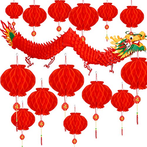 Bememo 21 Pieces Chinese New Year Dragon and Chinese Red Lanterns Decoration for Chinese Spring Festival New Year Wedding