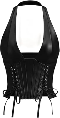 WDIRARA Women's Pu Leather Sleeveless Halter Tops Lace Up Backless Crop Corset Top Sexy Clubwear