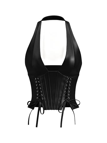 WDIRARA Women's Pu Leather Sleeveless Halter Tops Lace Up Backless Crop Corset Top Sexy Clubwear - Medium - Black