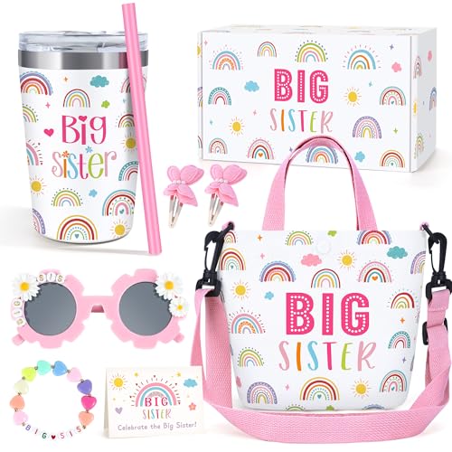 Big Sister Gifts for Girls Cute Promoted to New Big Sister to Be Announcement Gift Set Basket Includes 12OZ Tumbler Canvas Bag Bracelet for Little Girls Gift Ideas for Older Siblings of New Baby