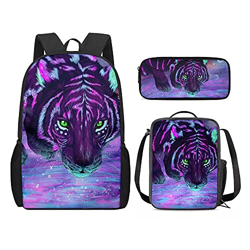 Beginterest Backpack Set Purple Tiger Print School Book bag with Lunch Box Pencil Case for School Boys Girls