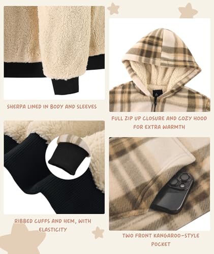 V VALANCH Boys Zipper Hoodie Kid Fleece Lined Plaid Flannel Jacket Winter Coat3