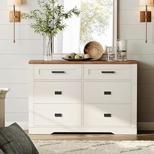 WAMPAT 6 Drawers Dresser Chests for Bedroom,47″ Wide Storage Chest of Drawers, Wood Closet Chests Organizer for Clothes, Kids Room, Living Room, Hallway, Entryway, Antique White