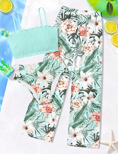 Image of NECIOUS Girls Swimsuit, 3 Piece Bikini Bathing Suit Tropical Floral Swimwear with Cover Up Pants 7-16Y