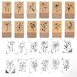 12 Pcs Wood Mounted Rubber Stamps for Crafting, Vintage Flower Stamps Plant and Flower Decorative Wooden Rubber Stamp Set for Craft, DIY Scrapbook, Painting, Letters, Card Making