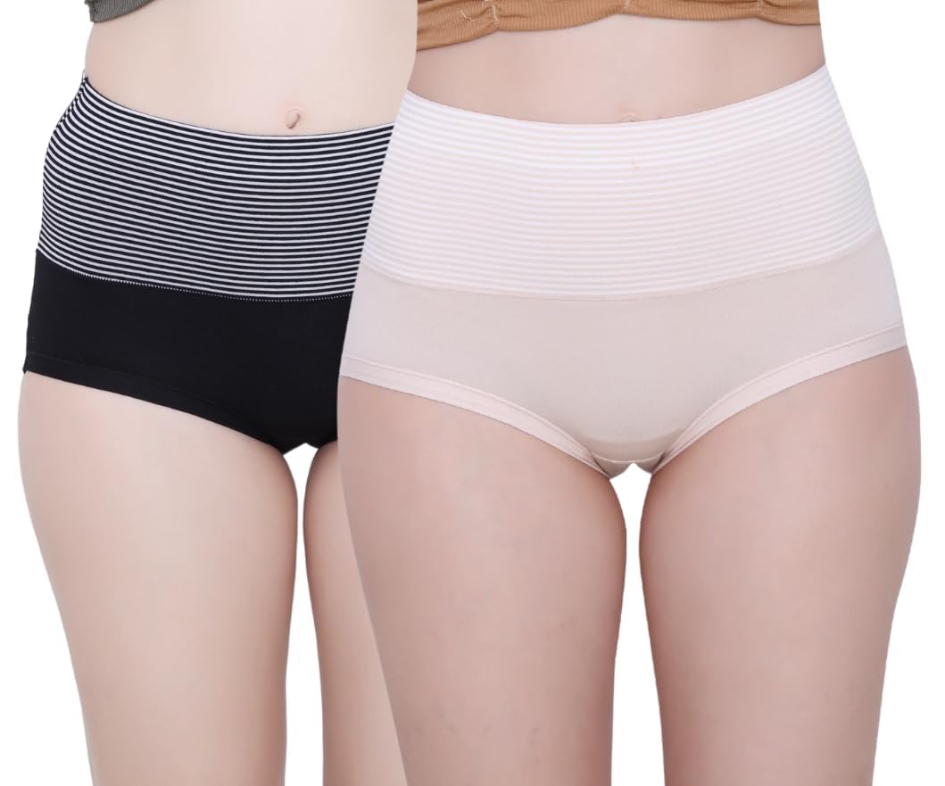 glamoras Women’s Cotton High Wasit Underwear Full Coverage Brief Panty | Ladies Soft, Comfortable, Breathable Underpants Briefs Panties | Size: M - XXL- Black Beige L-picture-41