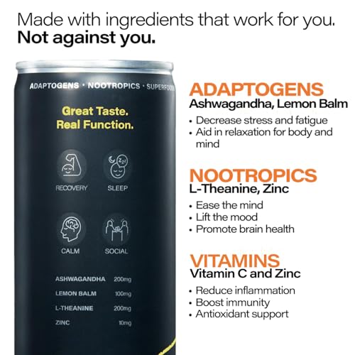 Image of Peak Cocktails Non Alcoholic Drinks, Adaptogen, Lemon Juniper Fizz 12 Pack | Calming, ashwagandha, tart cherry, L-theanine nootropic blend; recovery, sleep & mood, non-alcoholic, zero proof, crisp