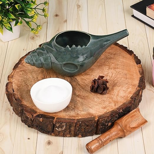 Image of Leak Proof Durable Ceramic Neti Pot with Nostril Plugging Support Better Capacity Holds 300 ml Spill Proof with Comfort Grip Lead Free Microwave Dishwasher Safe (Green)