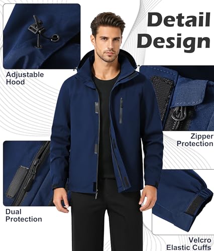 Image of Zoofly Mens Waterproof Hiking Jacket with Hood Windproof Light Weight Windbreaker Outdoor Fishing Raincoat Zipper Pockets