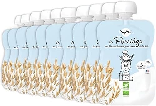 POPOTE - Porridge Bio Bébé - Dès 6 mois - Brassé Flocon Avoine, Lait Poudre - Gourde Individuelle - Texture Onctueuse - Format Pratique à Emporter - Produit en France - Pack Familial 10 x 100 g