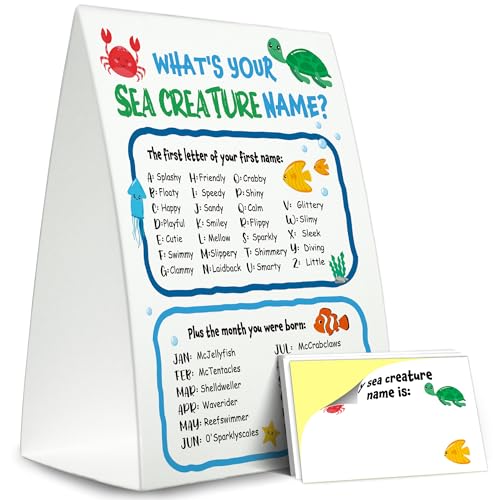 Sea Creature Party Decor, 5×7 What is Your Sea Creature Name Game,Perfect for Birthday Party Activities 1 Standing Sign + 30 Stickers