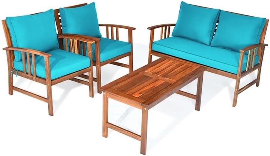Pemberly Row 4-Piece Acacia Wood and Polyester Outdoor Furniture Set, Turquoise Finish, Loveseat, Chairs, Table, Thick Washable Cushions, Ergonomic Design, Patio Garden Backyard Use