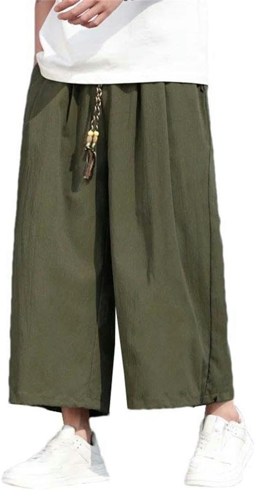 Summer Ankle Trousers Men Chinese Style Casual Loose Harem Pants Men Lightweight Wide Legs Straight Cropped Pants