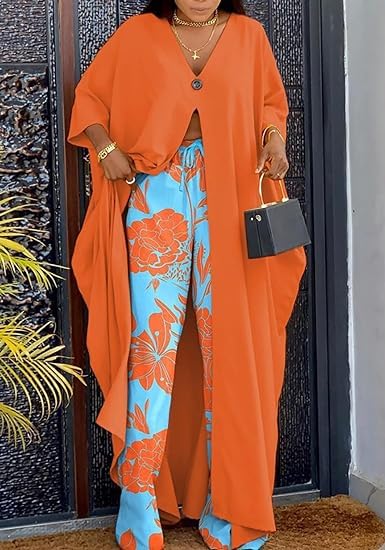 Women African 2 Piece Outfits Button V Neck Long Plus Size Split Caftans Wide Leg Pants Sets2