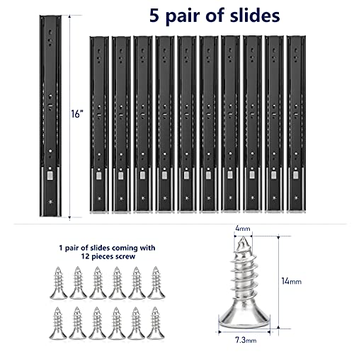 Image of Ravinte 16 Inch Soft Close Drawer Slides 5 Pairs 10 Pack Black Full Extension Ball Bearing Drawer Glide Side Mount