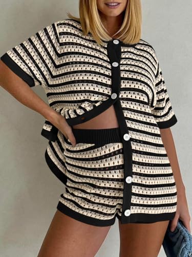 Image of Saodimallsu Womens Crochet Swimsuit Coverup Summer Beach Sets Striped Knit Short Sleeve Button Shirts 2 Piece Short Set