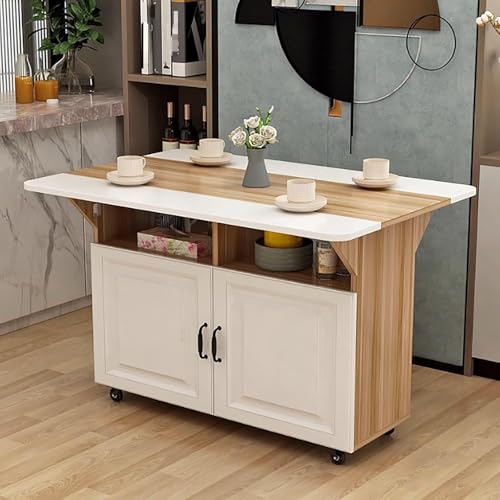 Mesa de comedor plegable extensible con ruedas y armario de almacenamiento, mesa móvil multifuncional para ahorrar espacio para comedor