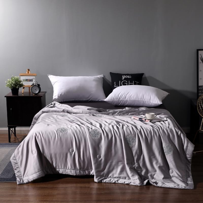 Delicate Embroidery 100% Tencel Quilt Lightweight Bedding Quilted Blanket Thin Comforter Bed Cover All Season Soft As Mulberry Silk 4.8lb (Grey, Queen 200x230cm)