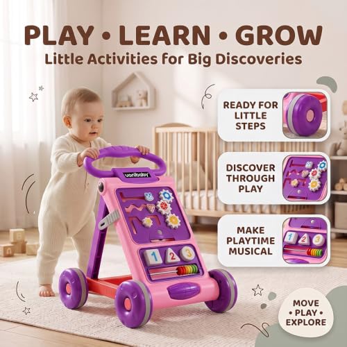 Image of Uonibaby Baby Push Walker, Musical Push Walker for 9 Months+, Toodler Walking Toy for 1 to 2 Years, Interactive Activity Panel with Gears, Shapes, Numbers & Beads, Sturdy Handle & Large Wheels