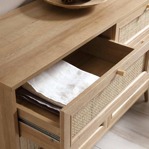 Image of Mid-Century Modern Chest of Drawer with Natural Rattan Panels, Solid Wood Legs, Spacious Storage Chest, Stylish Bedroom Dresser for Living Room, Entryway. (Natural)