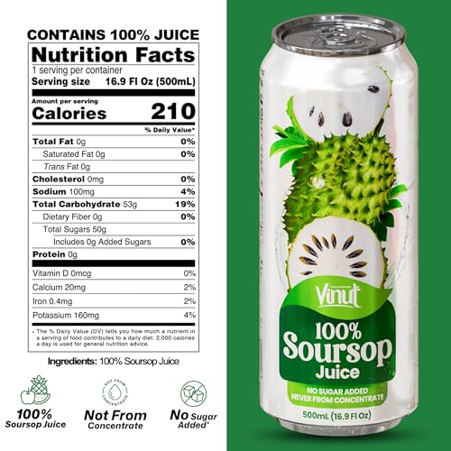 Image of VINUT 100% Soursop Juice, No Added Sugar, Not From Concentrate, 16.9 fl oz (500 mL) Can, Pack of 12