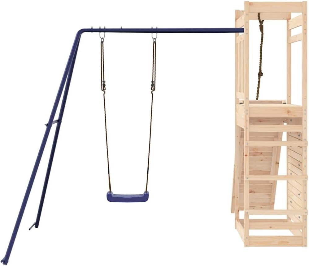 Outdoor Playset with Swing and Climbing Wall Made of Solid Pine Wood for 4 Kids Large Tough Structure with Rustic Finish and Ample Play Space