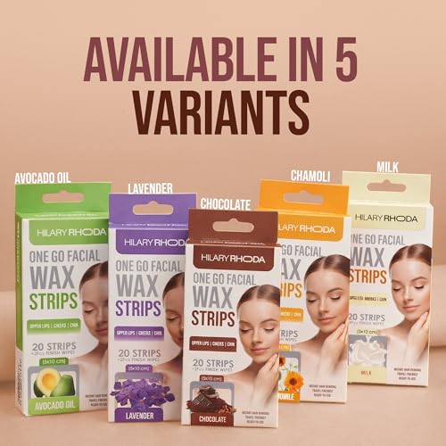 Image of Hilary Rhoda One Go Facial Wax Strips | Ready-To-Use Facial Wax Strips | Face, Cheek, Upper Lip & Chin Facial Wax | Painless Hair Removal | With 2 Finish Wipes | 20 Strips (Chocolate - Shade 04)