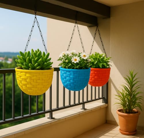 Image of Bianco Multicolor Round Rattan Woven Plastic Flower Hanging Planter /Beautiful Round Gamla Pot /Flower Hanging Pot (Pack of 3)