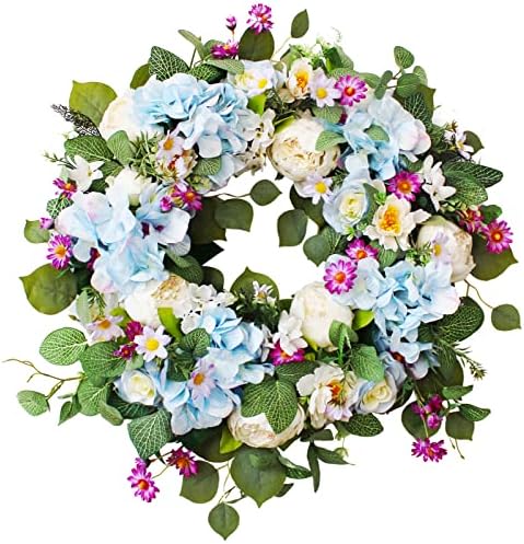 Spring Wreath for Front Door 24 Inch Eucalyptus Wreath, Summer Floral Hydrangea Peony Wreath, Eucalyptus Wreath with Flowers, St Patricks Day Wreath Spring Wreath Green Wreaths Farmhouse