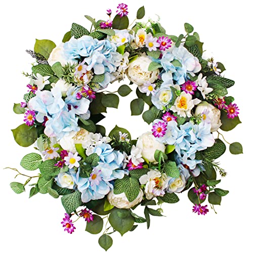 Spring Wreath For Front Door 24 Inch Eucalyptus Wreath, Summer Floral Hydrangea Peony Wreath, Eucalyptus Wreath With Flowers, St Patricks Day Wreath Spring Wreath Green Wreaths Farmhouse #TOP2
