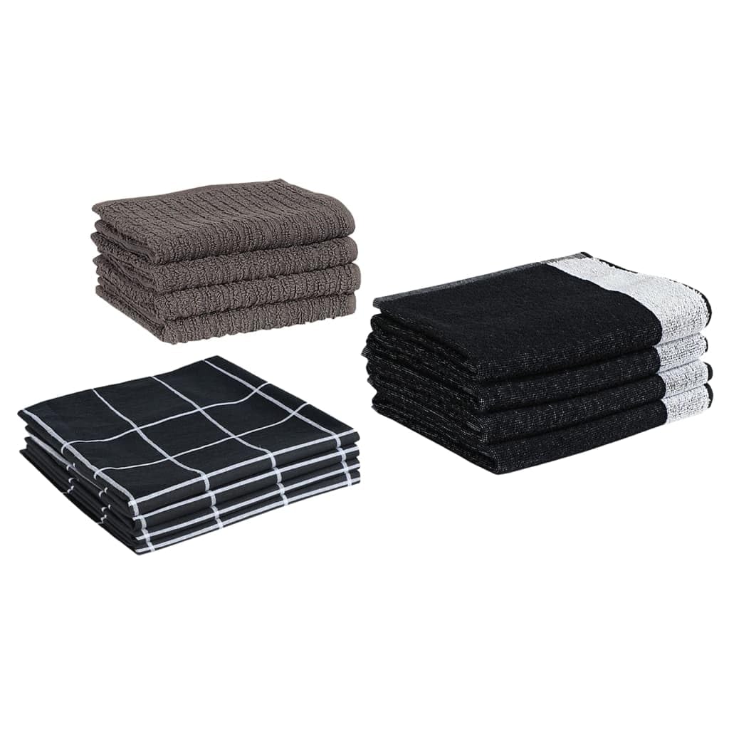 Set di 12 asciugamani neri in cotone, 4 strofinacci da cucina da 50 x 70 cm, 4 asciugamani per ospiti da 50 x 50 cm, 4 strofinacci da 30 x 30 cm, assorbenti per bagno, cucina, sauna, viaggi