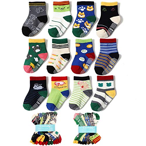 Cottdy Baby Grip Ankle Socks Cotton Cozy Warm Non Slip/Skid Half Cushion Socks Newborn Infant Toddler Child 6/12 Pack (M(0-12Months), assorted 12pairs)