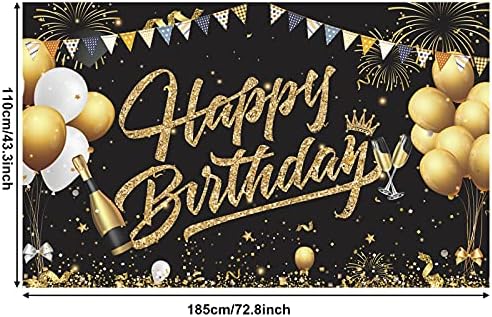 Birthday Backdrop Banner,GRESATEK Black Gold Backdrop Background Sign Photo Happy Birthday Party Decoration Set for Girls Men Women Celebration,185x110CM
